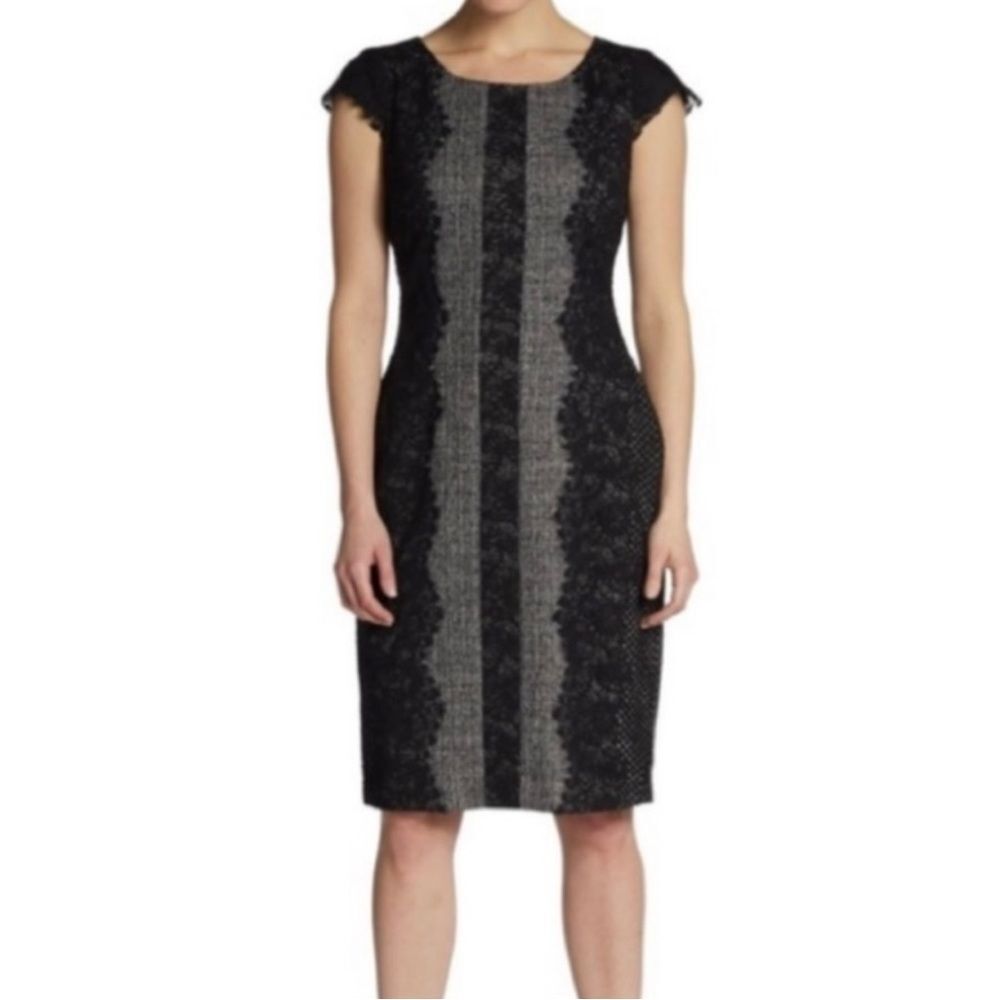 Betsey Johnson Tweed Lace Overlay Mixed Print Cap Sleeve Sheath Dress Edgy 8